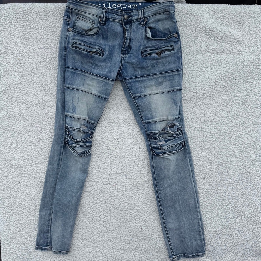 Kilogram Mens Moto Biker Jeans Light Wash Distressed Slim Fit Blue Size 34